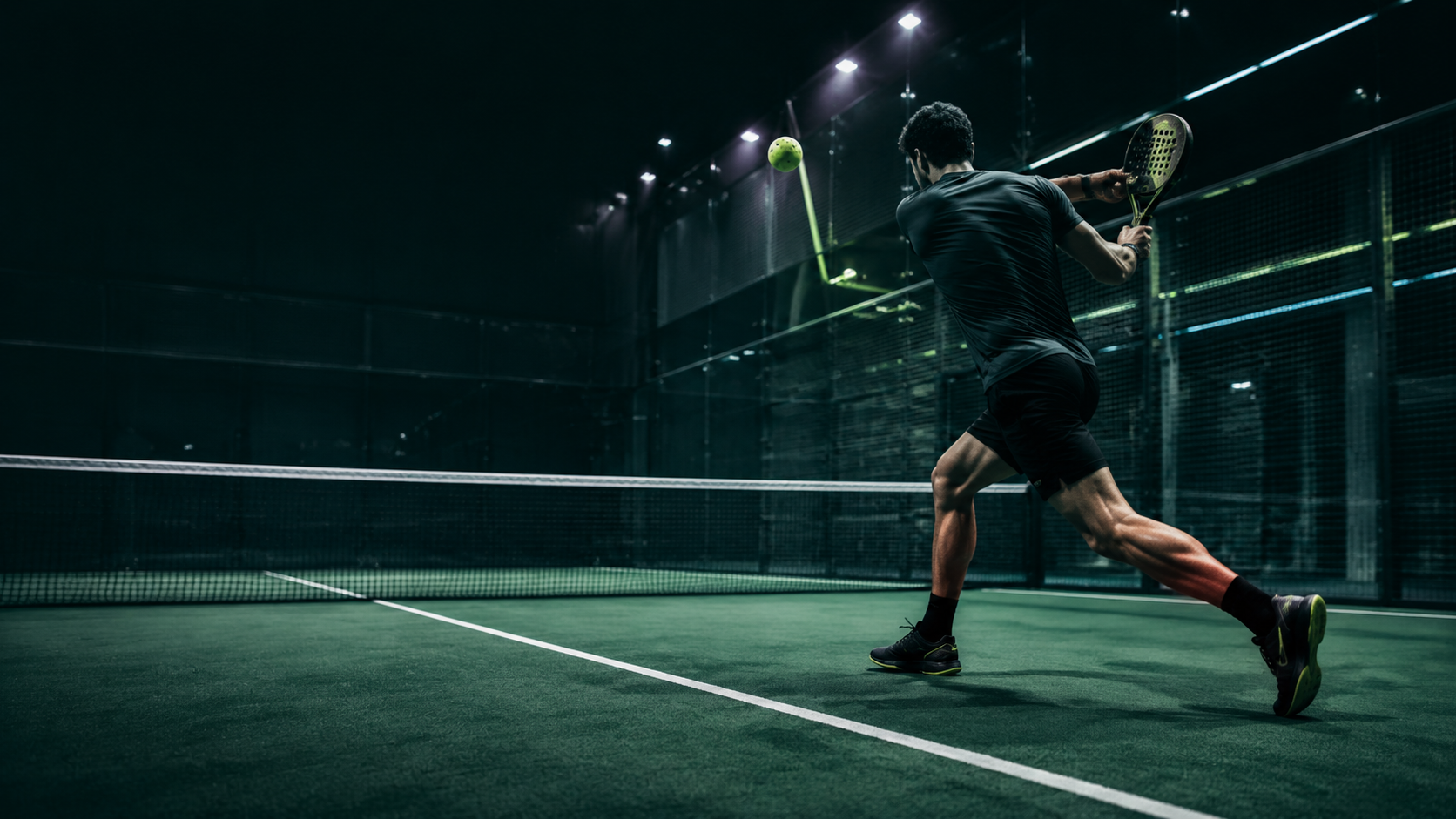 Jugador de pádel golpeando una pelota en una pista indoor